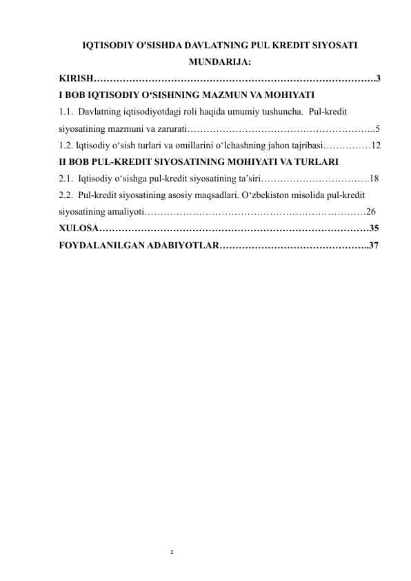IQTISODIY O'SISHDA DAVLATNING PUL KREDIT SIYOSATI