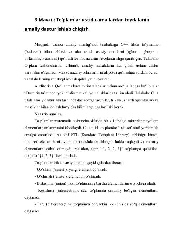 To‘plamlar ustida amallardan foydalanib amaliy dastur ishlab chiqish