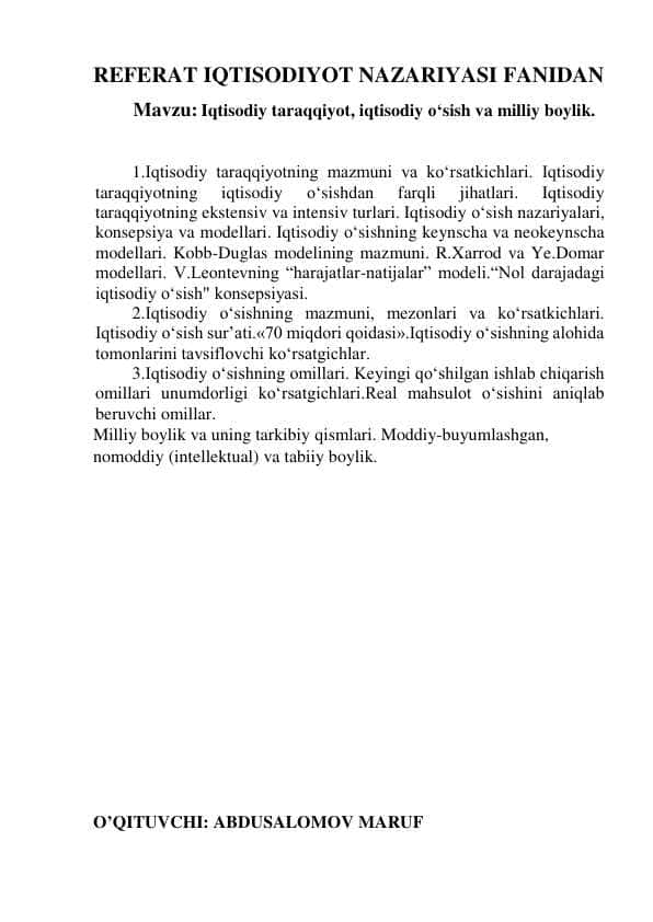 iqtisodiyot nazariyasi fanidan mustaqil ish