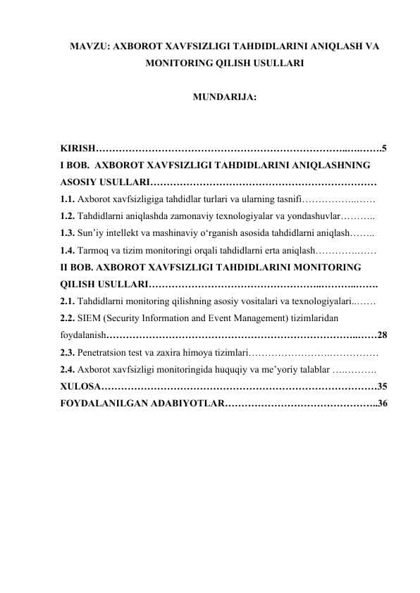 AXBOROT XAVFSIZLIGI TAHDIDLARINI ANIQLASH VA MONITORING QILISH USULLARI