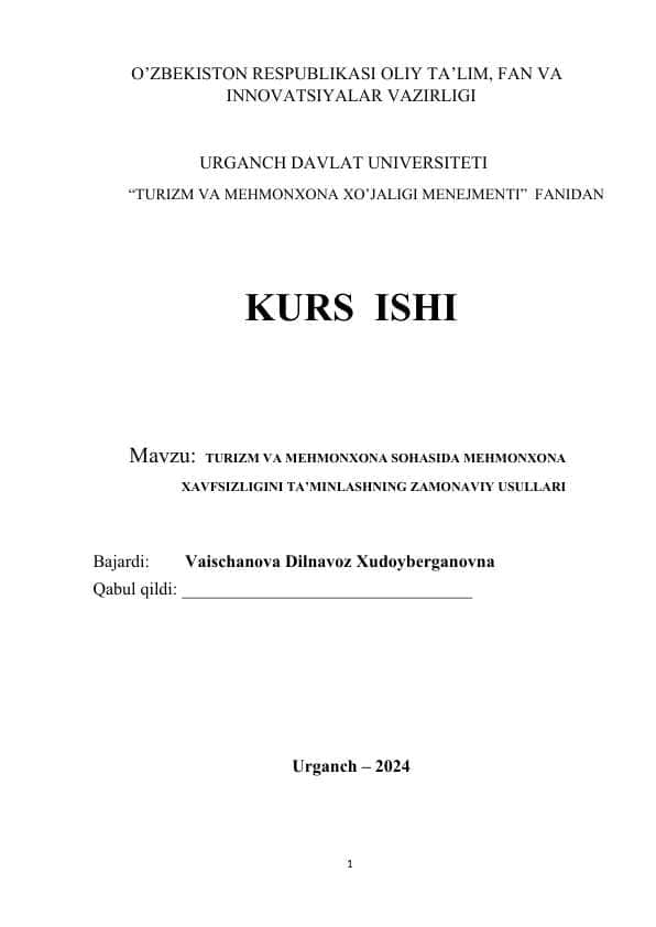 TURIZM VA MEHMONXONA SOHASIDA MEHMONXONA