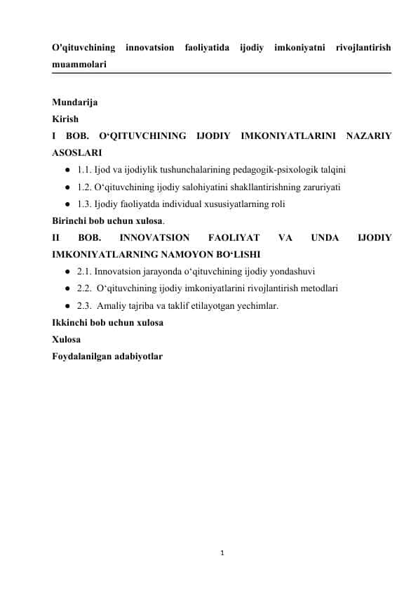O'qituvchining innovatsion faoliyatida ijodiy imkoniyatni rivojlantirish muammolari