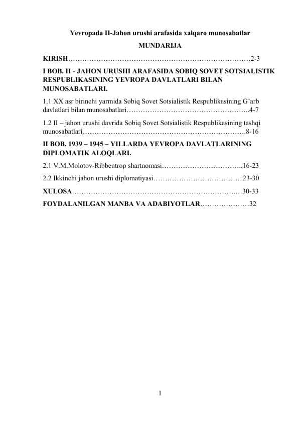 Yevropada II-Jahon urushi arafasida xalqaro munosabatlar kurs ishi