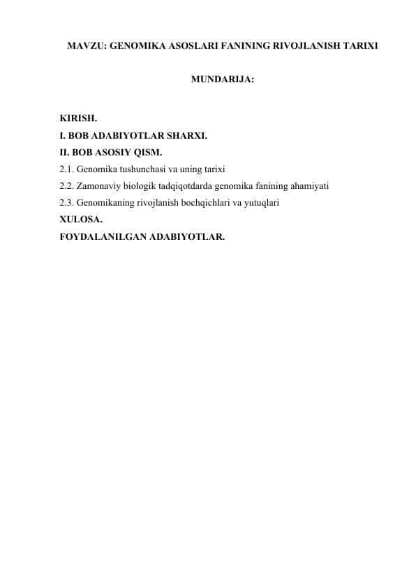 GENOMIKA ASOSLARI FANINING RIVOJLANISH TARIXI