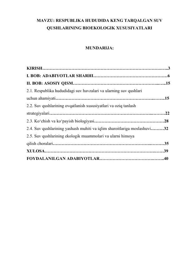 RESPUBLIKA HUDUDIDA KENG TARQALGAN SUV QUSHLARINING BIOEKOLOGIK XUSUSIYATLARI.doc