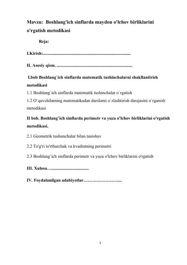 Boshlang'ich sinflarda maydon o'lchov birliklarini o'rgatish metodikasi