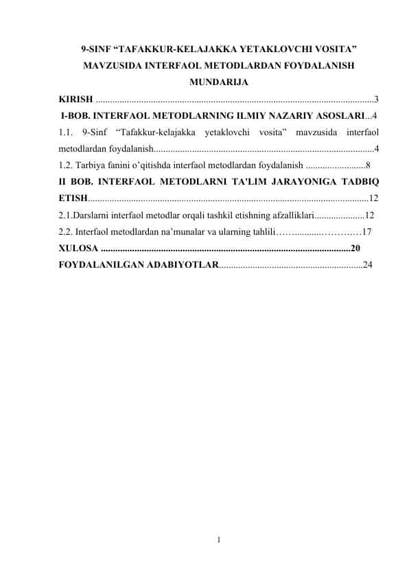 9-SINF “TAFAKKUR-KELAJAKKA YETAKLOVCHI VOSITA” MAVZUSIDA INTERFAOL METODLARDAN FOYDALANISH