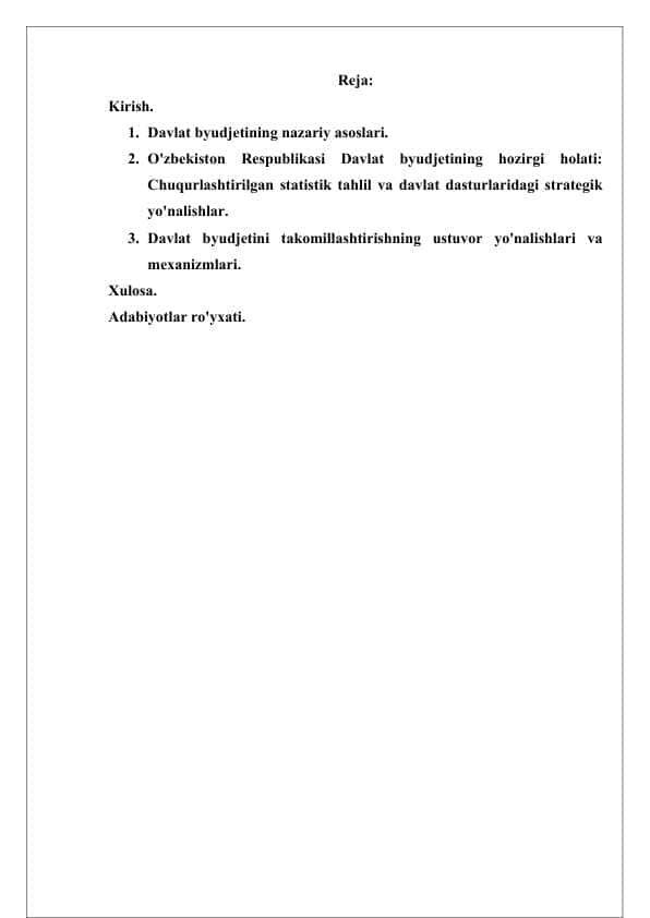 Davlat byudjeti tarkibi va uni takomillashtirish yo'lari.