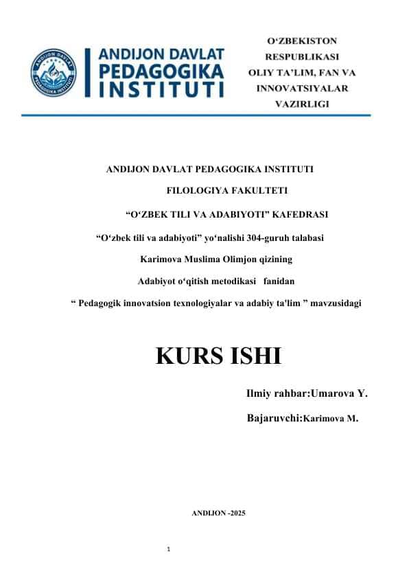 Pedagogik innovatsion texnologiyalar va adabiy ta'lim kurs ishi