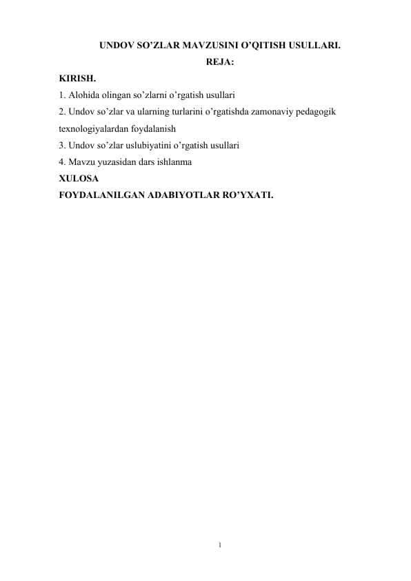 Undov so’zlar mavzusini o’qitish usullari