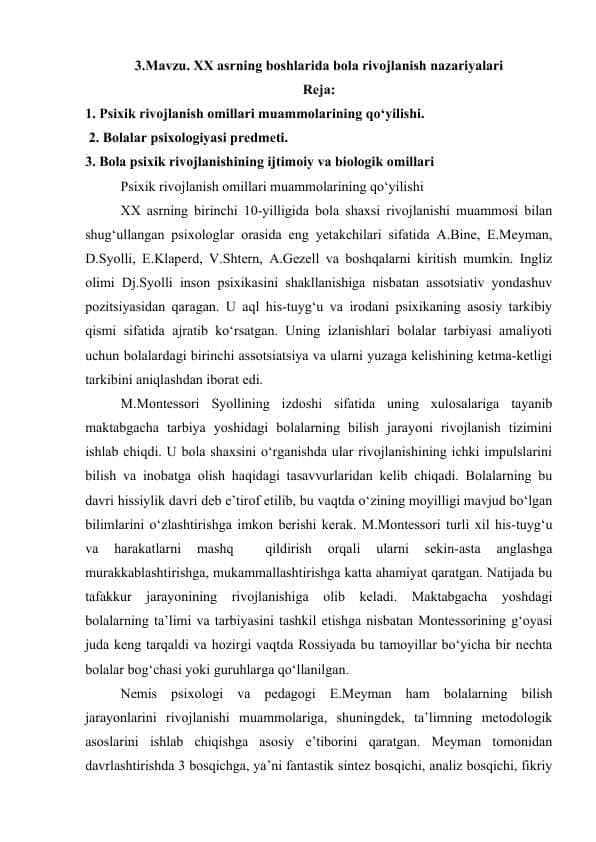 XX asrning boshlarida bola rivojlanish nazariyalari.