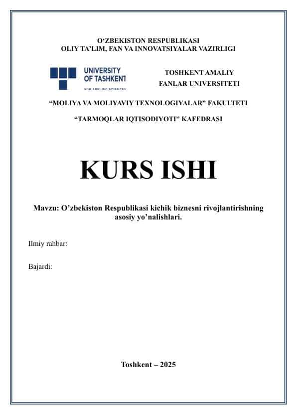 O’zbekiston Respublikasi kichik biznesni rivojlantirishning asosiy yo’nalishlari