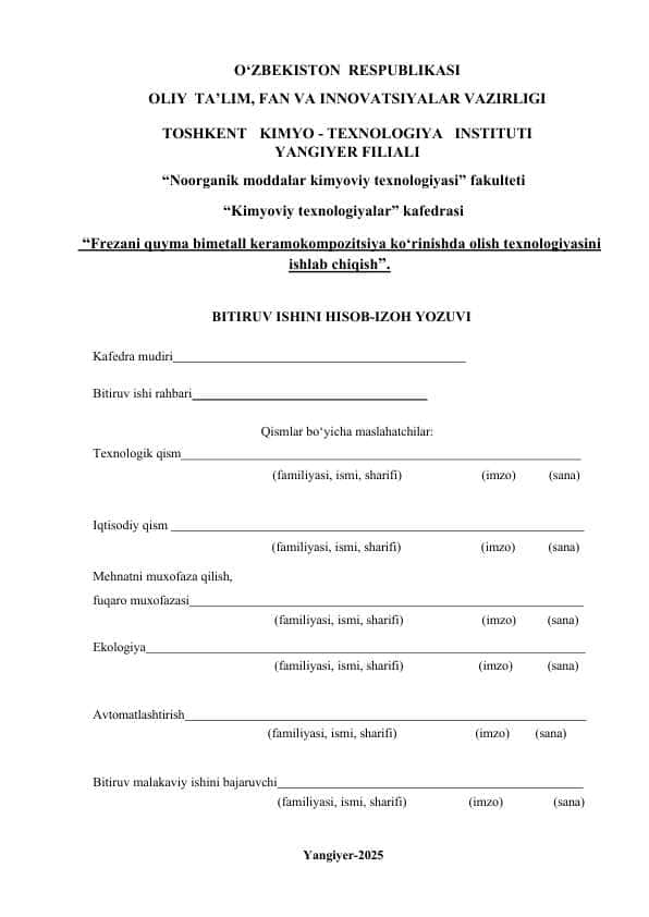 Frezani quyma bimetall keramokompozitsiya ko‘rinishda olish texnologiyasini ishlab chiqish