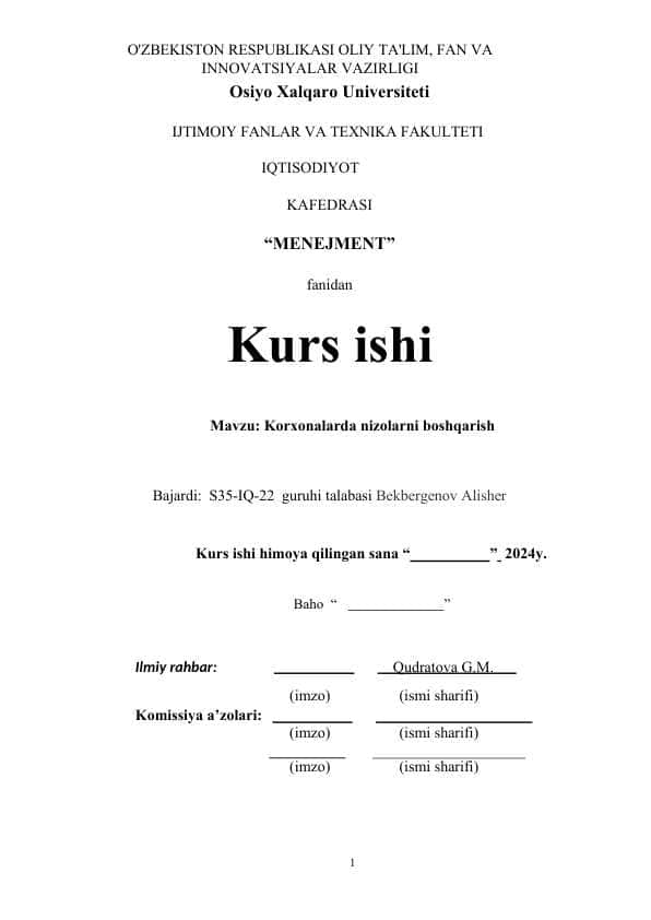 Korxonalarda nizolarni boshqarish.docx kurs ishi