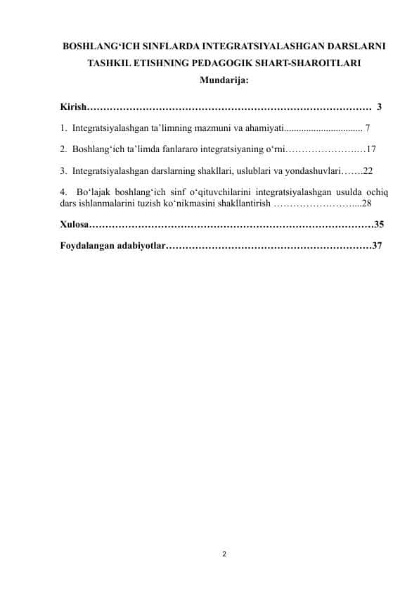BOSHLANG‘ICH SINFLARDA INTEGRATSIYALASHGAN DARSLARNI TASHKIL ETISHNING PEDAGOGIK SHART-SHAROITLARI