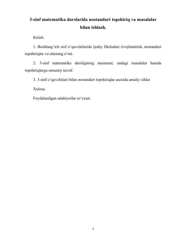 3-sinf matematika darslarida nostandart topshiriq va masalalar bilan ishlash
