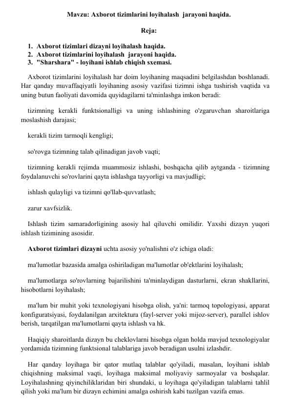 Axborot tizimlarini loyihalash jarayoni haqida