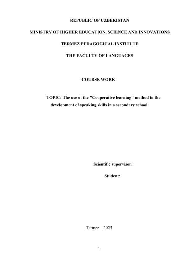 The use of the "Cooperative learning" method in the development of speaking skills in a secondary school