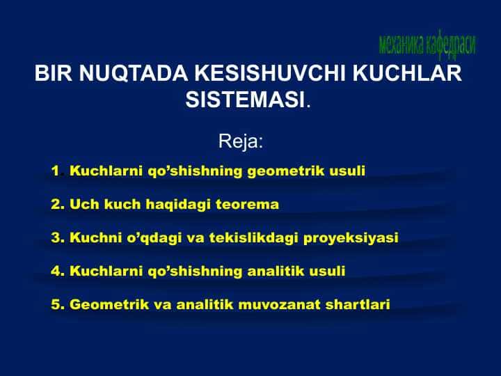 BIR NUQTADA KESISHUVCHI KUCHLAR SISTEMASI.