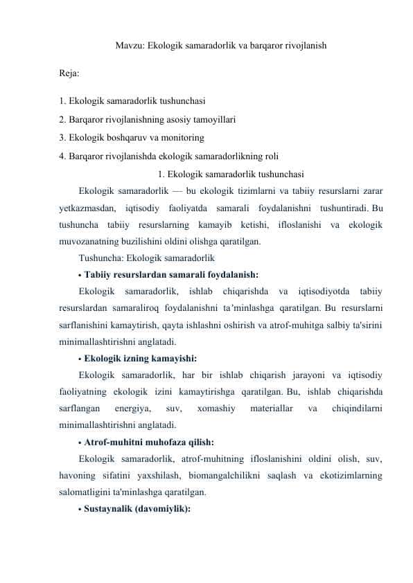 Ekologik samaradorlik va barqaror rivojlanish