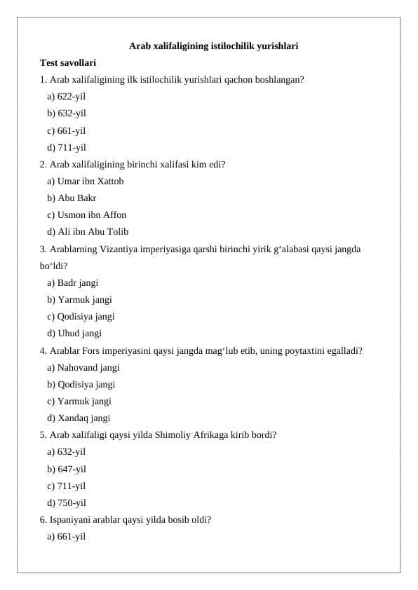 Arab xalifaligining istilochilik yurishlari test