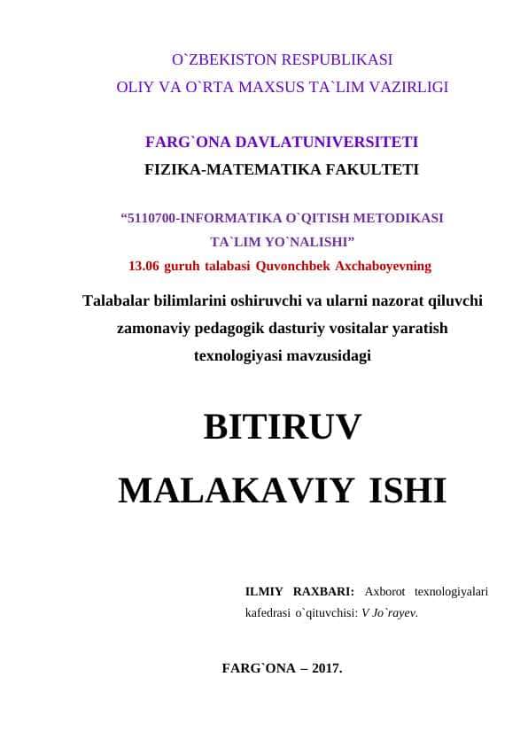 Talabalar bilimlarini oshiruvchi va ularni nazorat qiluvchi zamonaviy pedagogik dasturiy vositalar yaratish texnologiyasi