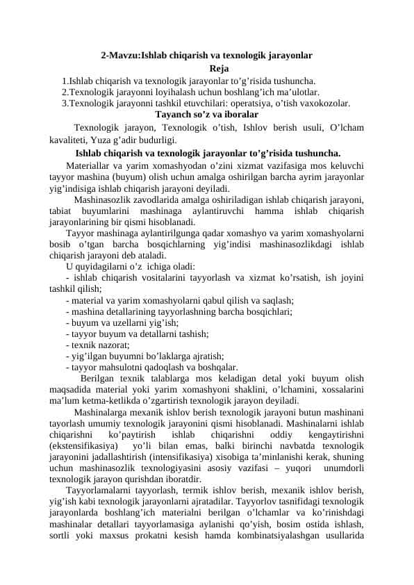 Ishlab chiqarish va texnologik jarayonlar