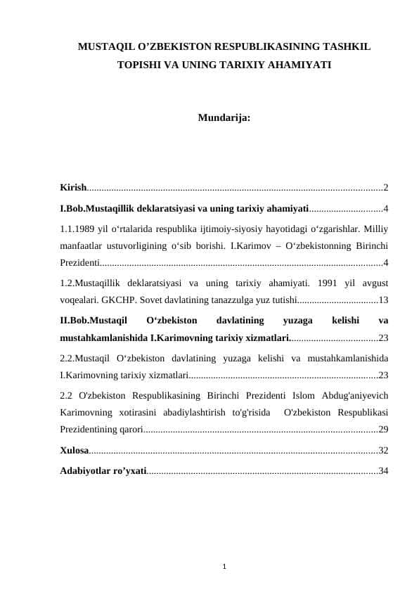 MUSTAQIL O’ZBEKISTON RESPUBLIKASINING TASHKIL TOPISHI VA UNING TARIXIY AHAMIYATI
