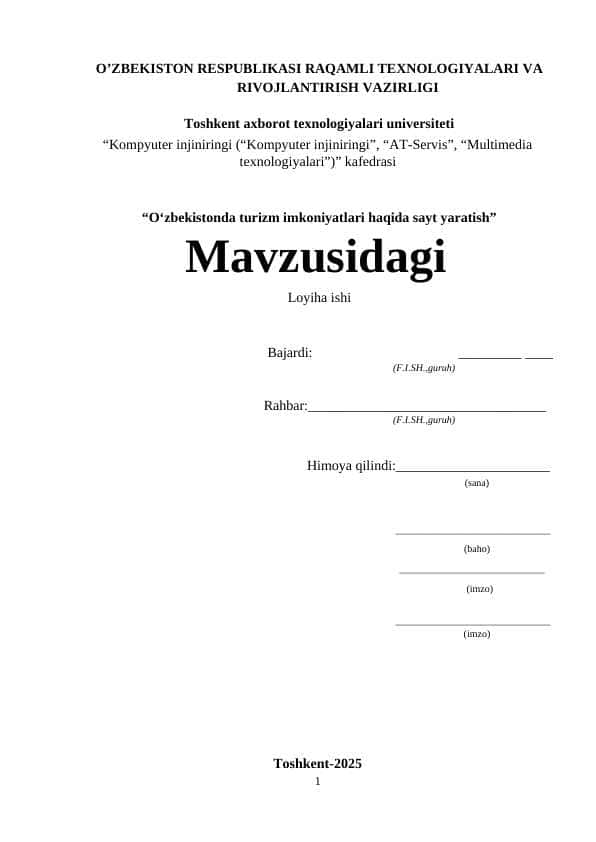 “O‘zbekistonda turizm imkoniyatlari haqida sayt yaratish” individual loyiha