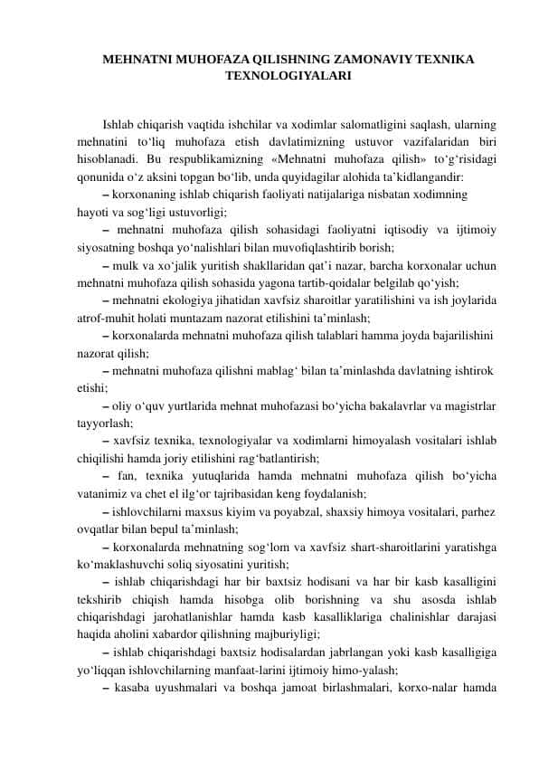 MEHNATNI MUHOFAZA QILISHNING ZAMONAVIY TEXNIKA TEXNOLOGIYALARI