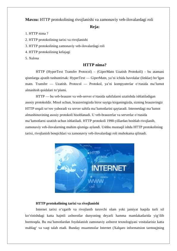 HTTP protokolining rivojlanishi va zamonaviy veb-ilovalardagi roli
