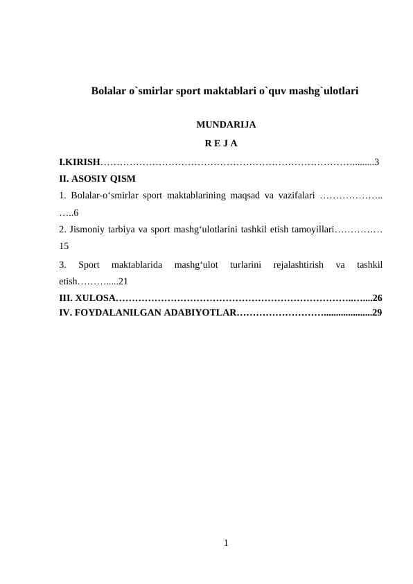 Bolalar o`smirlar sport maktablari o`quv mashg`ulotlari