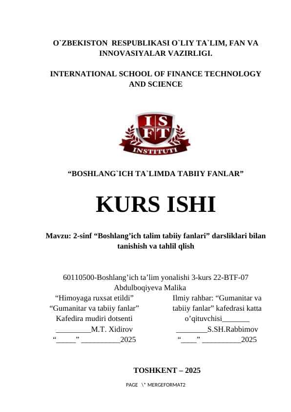 2 sinf “Boshlang’ich talim tabiiy fanlari” darsliklari bilan tanishish va tahlil qlish