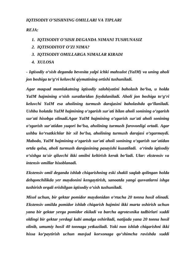 IQTISODIY O’SISHNING OMILLARI VA TIPLARI