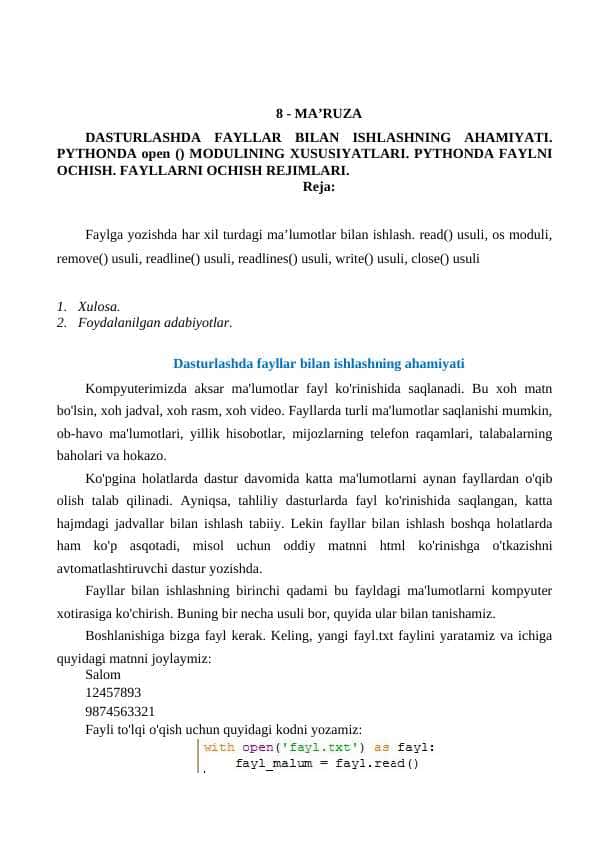 8 Ma'ruza DASTURLASHDA FAYLLAR BILAN ISHLASHNING AHAMIYATI