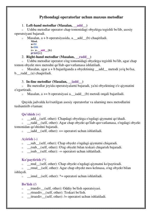 PYTHONDAGI OPERATORLAR UCHUN MAXSUS METODLAR