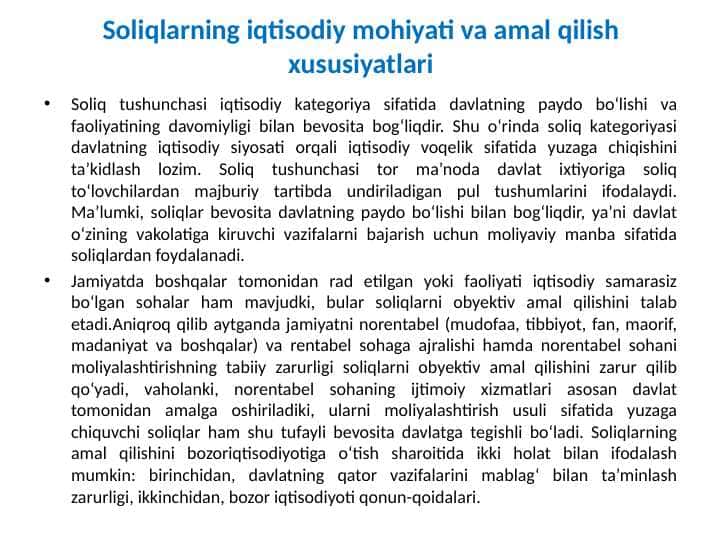 Soliqlarning iqtisodiy mohiyati va amal qilish xususiyatlari