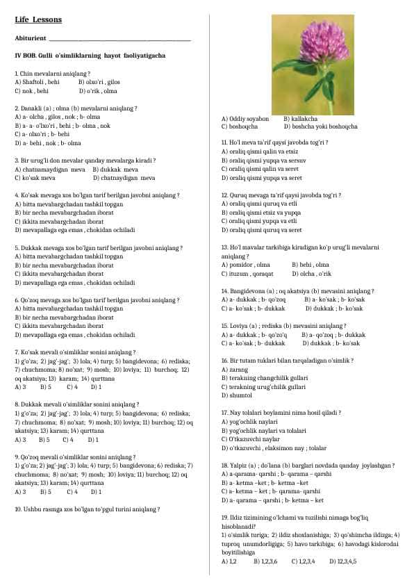 Life Lessons. 6 sinf. IV BOB. Gulli o'simliklarning hayot faoliyatigacha
