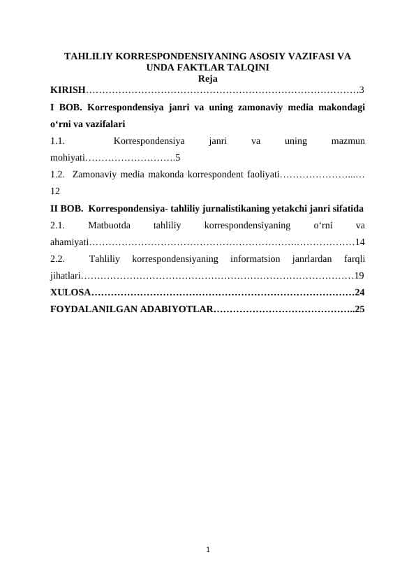 TAHLILIY KORRESPONDENSIYANING ASOSIY VAZIFASI VA UNDA FAKTLAR TALQINI