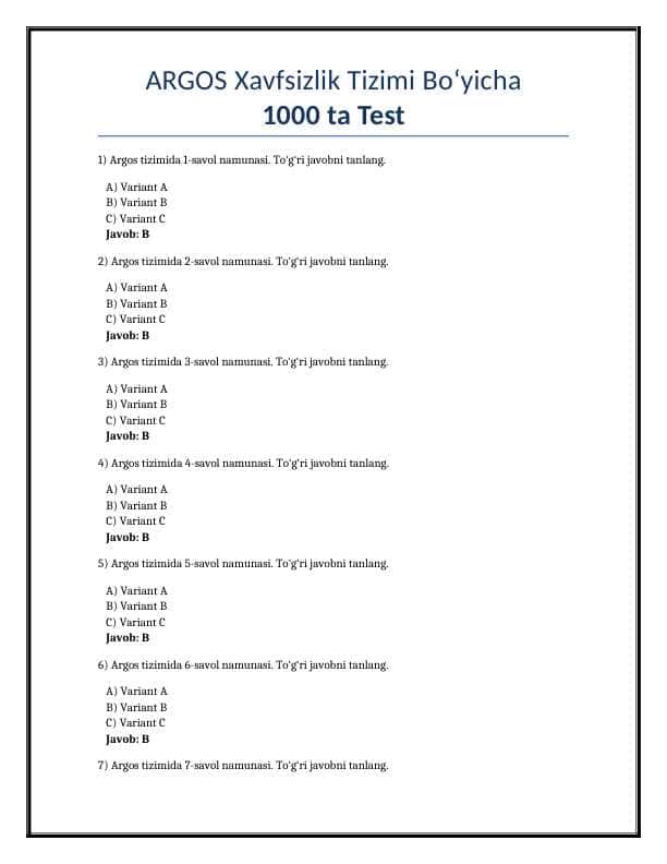 Argos 1000 talik test, javoblari bilan. Davlat xizmatchisi 2025