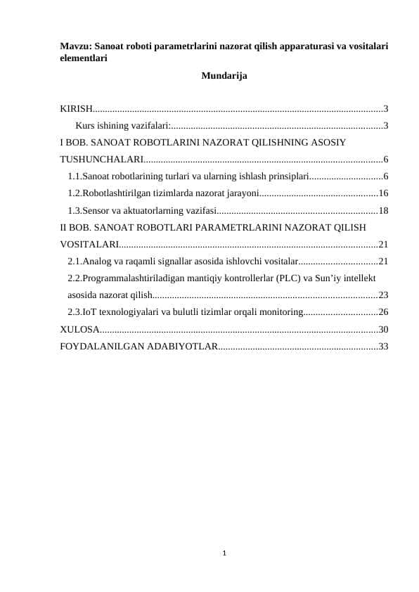 Sanoat roboti parametrlarini nazorat qilish apparaturasi va vositalari elementlari
