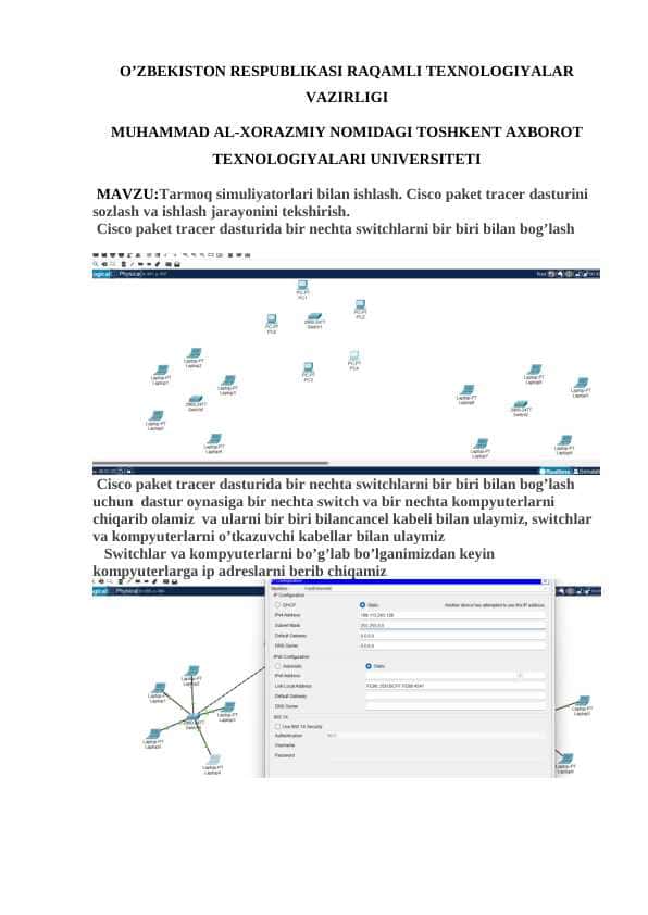 Tarmoq simuliyatorlari bilan ishlash. Cisco paket tracer dasturini sozlash va ishlash jarayonini tekshirish.