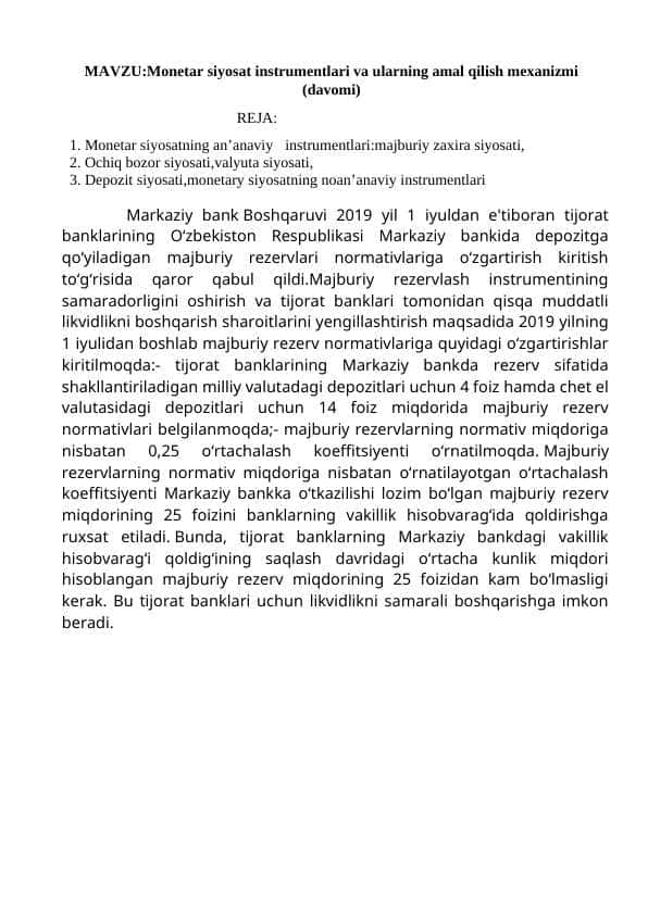 Monetar siyosat instrumentlari va ularning amal qilish mexanizmi