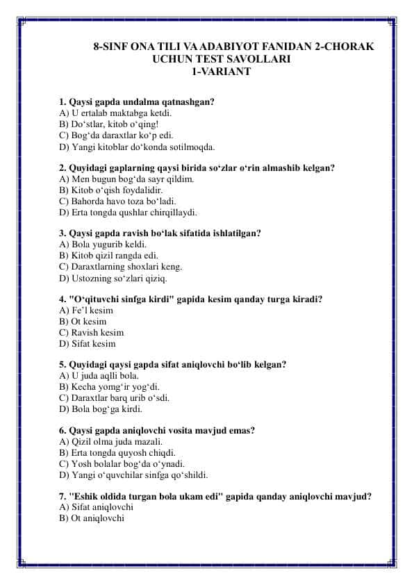 8-sinf Ona Tili va Adabiyotdan 2-chorak variantli Test Savollari