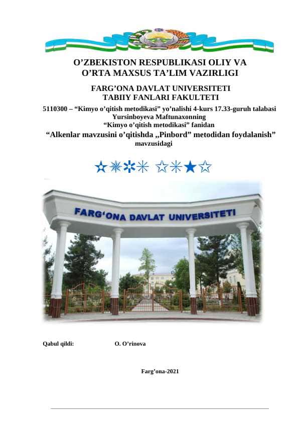 Alkenlar mavzusini o’qitishda ,,Pinbord” metodidan foydalanish