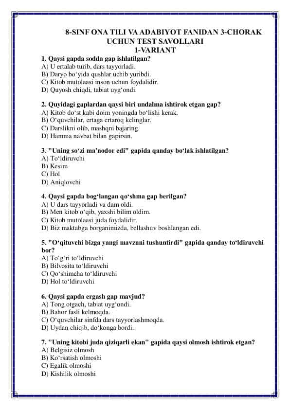 8-sinf Ona tili va adabiyotdan 3-chorak variantli test savollari