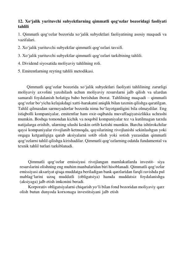 Xo‘jalik yurituvchi subyektlarning qimmatli qog‘ozlar bozoridagi faoliyati tahlili