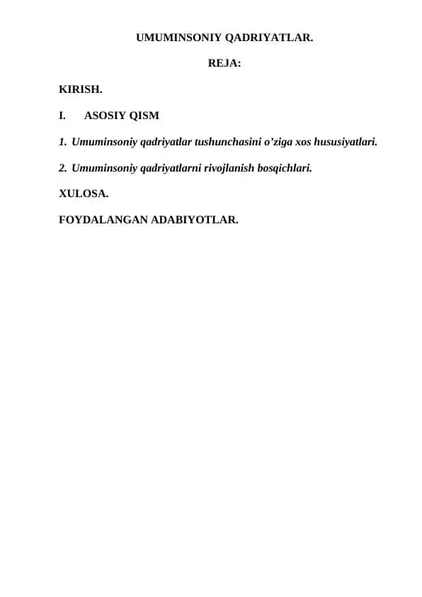 UMUMINSONIY QADRIYATLAR.