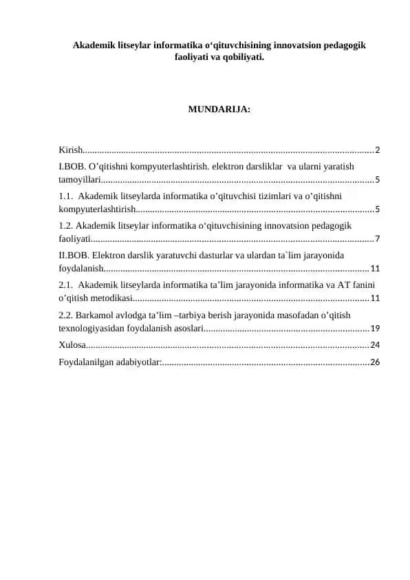 Akademik litseylar informatika o‘qituvchisining innovatsion pedagogik faoliyati va qobiliyati