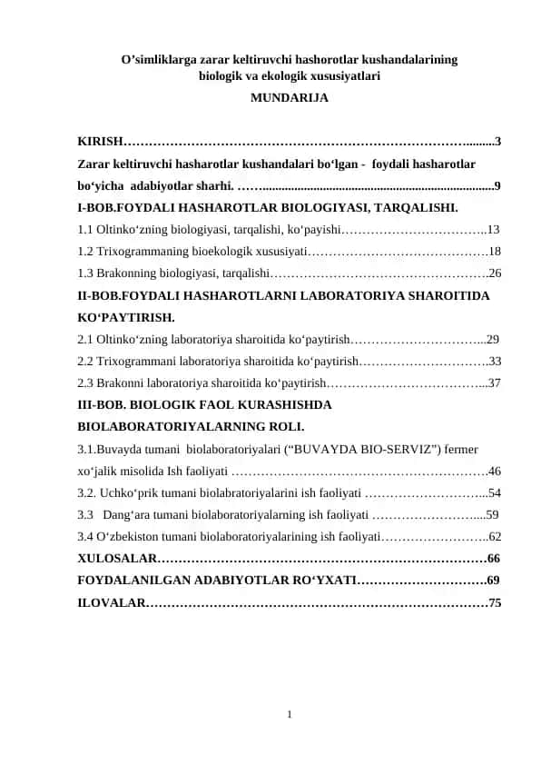 O’simliklarga zarar keltiruvchi hashorotlar kushandalarining biologik va ekologik xususiyatlari
